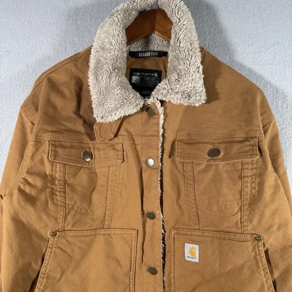 Carhartt Womens Rugged Flex Loose Fit Tan Canvas Sherpa Jacket Size Large - Picture 2 of 7